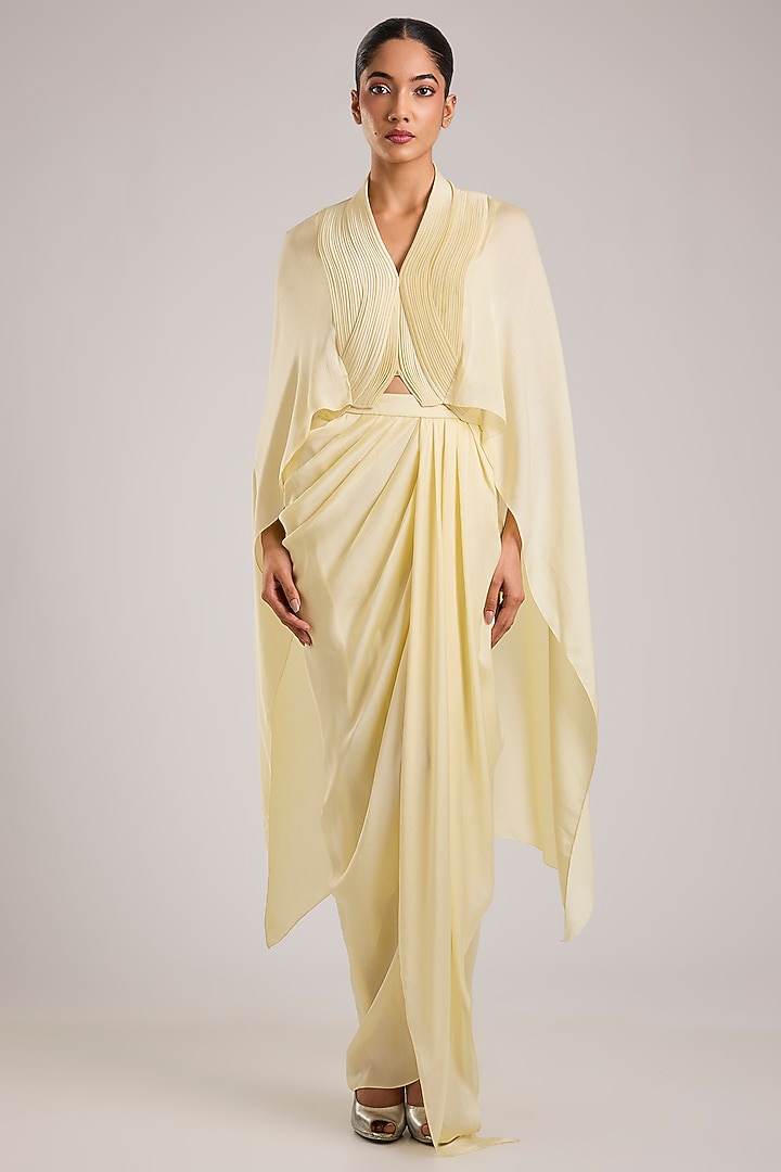 Butter Yellow Metallic Polymer & Crepe Chiffon Skirt Set by Amit Aggarwal at Pernia's Pop Up Shop