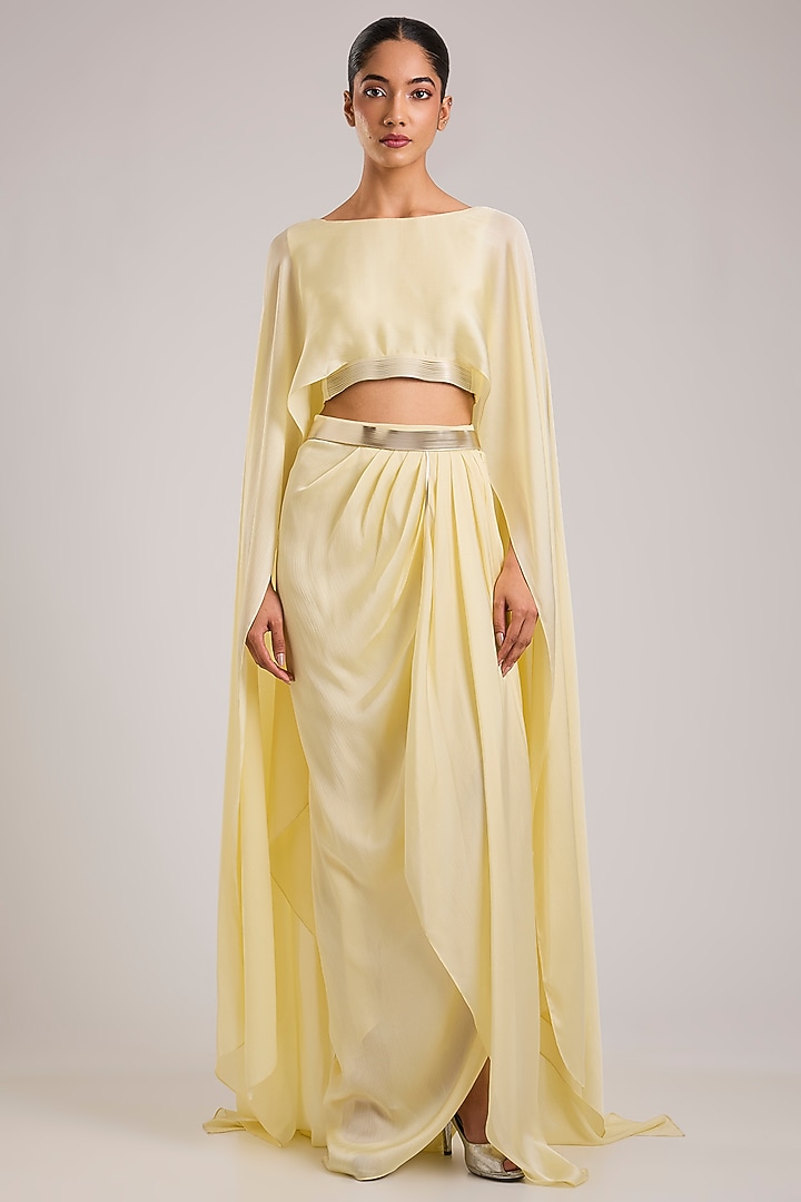 Butter Yellow Polyester & Chiffon Skirt Set by Amit Aggarwal at Pernia's Pop Up Shop