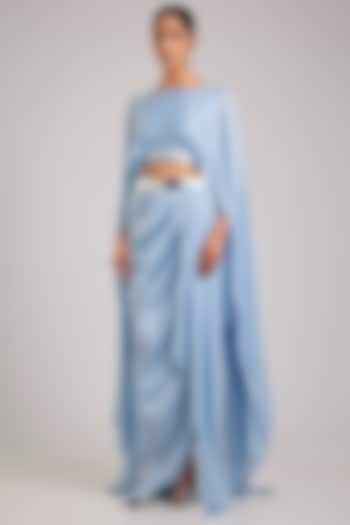 Ice Blue Polyester & Chiffon Skirt Set by Amit Aggarwal at Pernia's Pop Up Shop