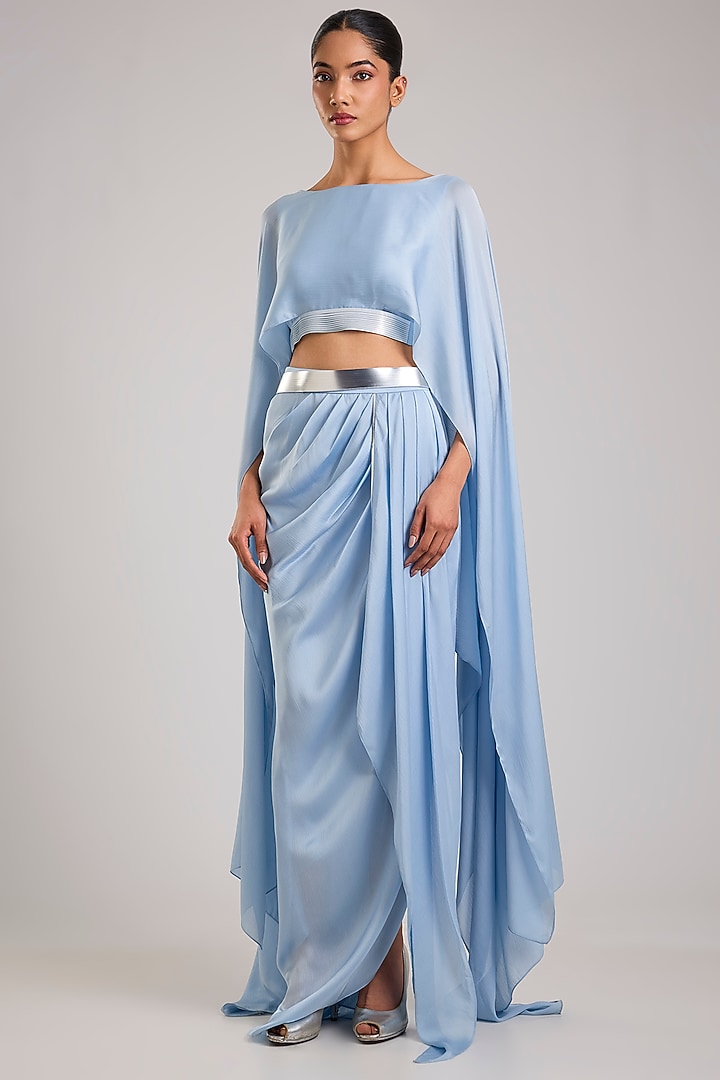 Ice Blue Polyester & Chiffon Skirt Set by Amit Aggarwal at Pernia's Pop Up Shop