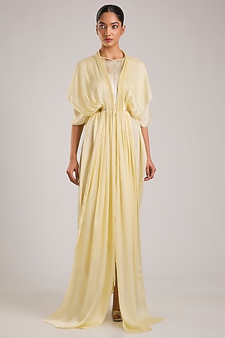 Butter Yellow Metallic Polymer & Crepe Chiffon Dress by Amit Aggarwal