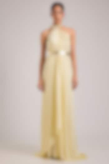 Butter Yellow Satin Chiffon Micron Pleated Halter Cocktail Dress by Amit Aggarwal at Pernia's Pop Up Shop