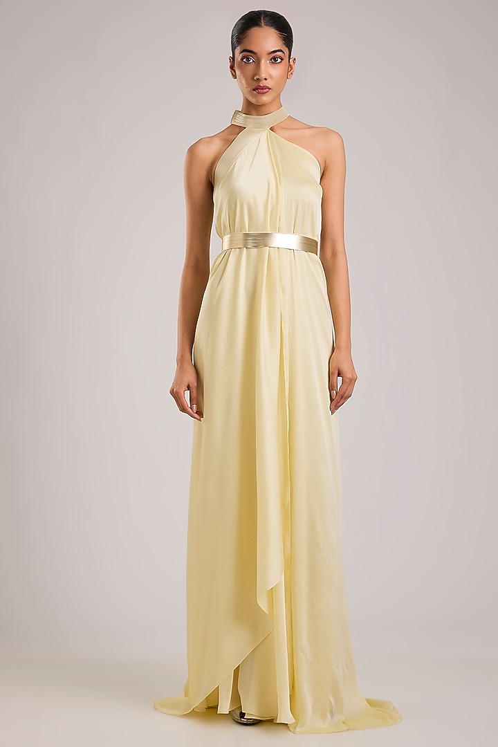 Butter Yellow Satin Chiffon Micron Pleated Halter Cocktail Dress by Amit Aggarwal at Pernia's Pop Up Shop