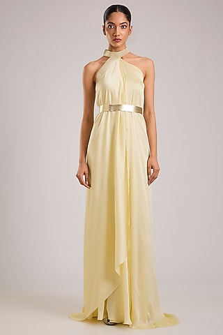 Butter Yellow Satin Chiffon Micron Pleated Halter Dress by Amit Aggarwal