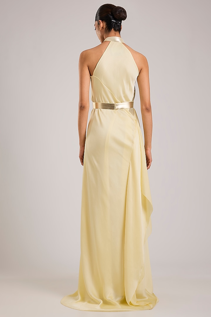 Butter Yellow Satin Chiffon Micron Pleated Halter Cocktail Dress by Amit Aggarwal at Pernia's Pop Up Shop