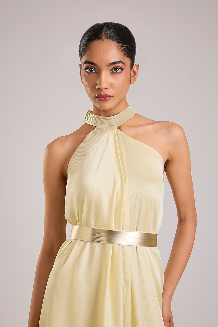 Butter Yellow Satin Chiffon Micron Pleated Halter Cocktail Dress by Amit Aggarwal at Pernia's Pop Up Shop