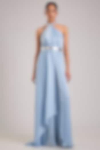 Ice Blue Satin Chiffon Micron Pleated Halter Cocktail Dress by Amit Aggarwal at Pernia's Pop Up Shop