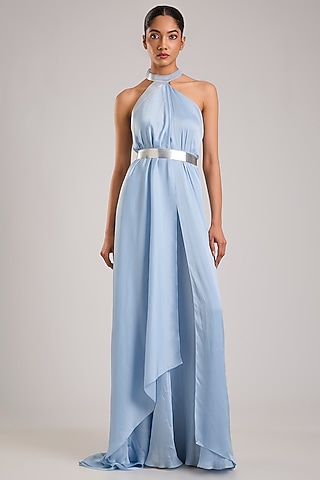 Ice Blue Satin Chiffon Micron Pleated Halter Dress by Amit Aggarwal