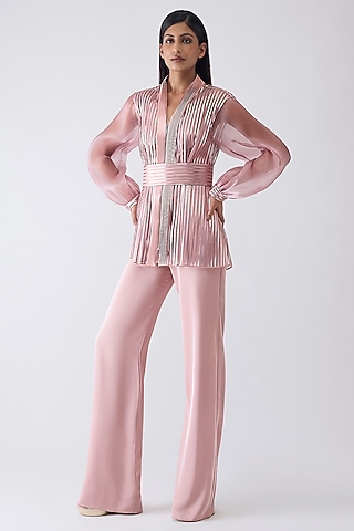 Rose Pink Tulle Metallic Structured Cape Set by Amit Aggarwal