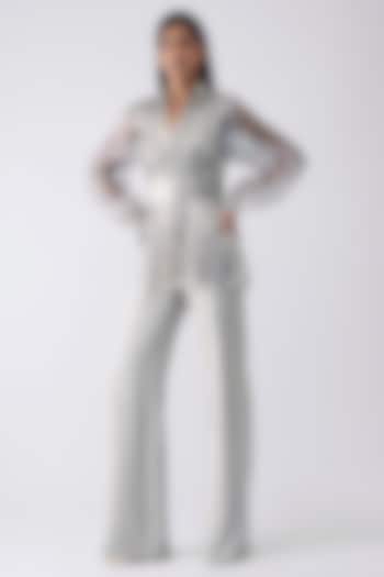 Ice Grey Satin Fluid Pant Set by Amit Aggarwal at Pernia's Pop Up Shop
