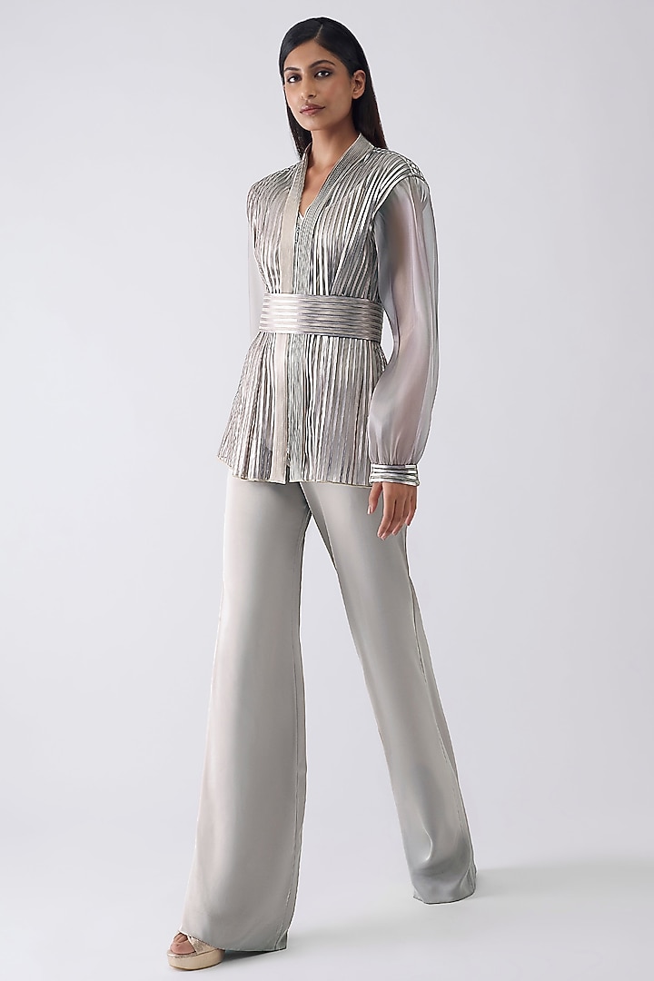 Ice Grey Satin Fluid Pant Set by Amit Aggarwal at Pernia's Pop Up Shop