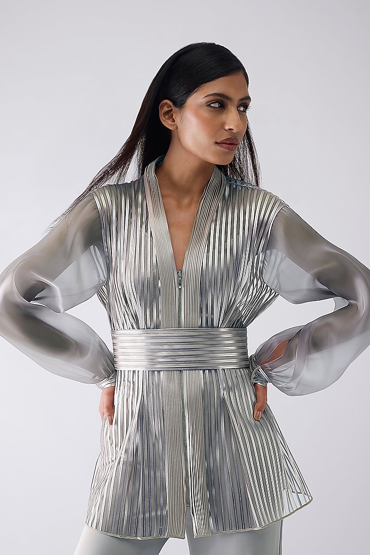 Ice Grey Satin Fluid Pant Set by Amit Aggarwal at Pernia's Pop Up Shop