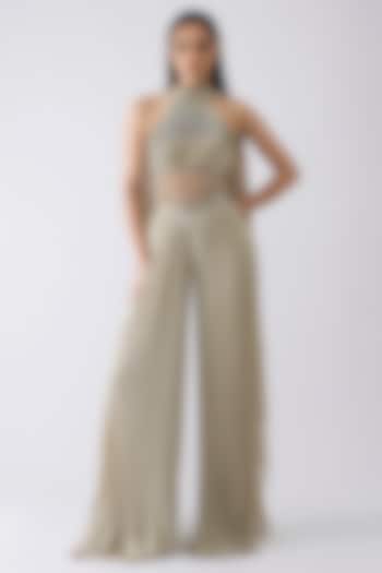 Sand-Colored Tulle & Foil Crepe Bodysuit With Pant by Amit Aggarwal at Pernia's Pop Up Shop