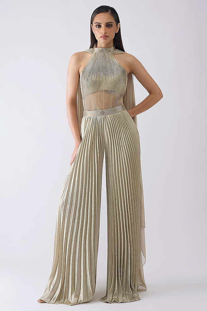 Sand-Colored Tulle & Foil Crepe Bodysuit With Pant by Amit Aggarwal at Pernia's Pop Up Shop