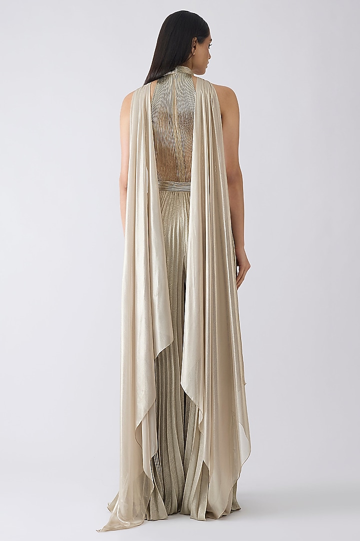 Sand-Colored Tulle & Foil Crepe Bodysuit With Pant by Amit Aggarwal at Pernia's Pop Up Shop