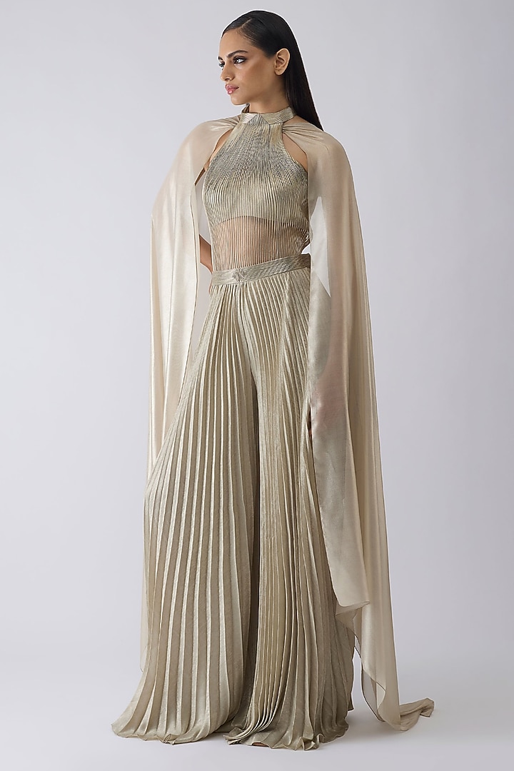 Sand-Colored Tulle & Foil Crepe Bodysuit With Pant by Amit Aggarwal at Pernia's Pop Up Shop