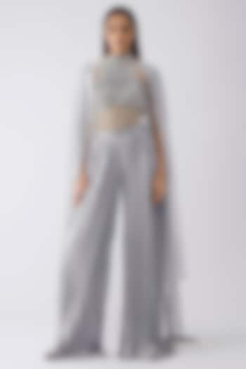 Ice Grey Tulle & Foil Crepe Bodysuit With Pant by Amit Aggarwal at Pernia's Pop Up Shop