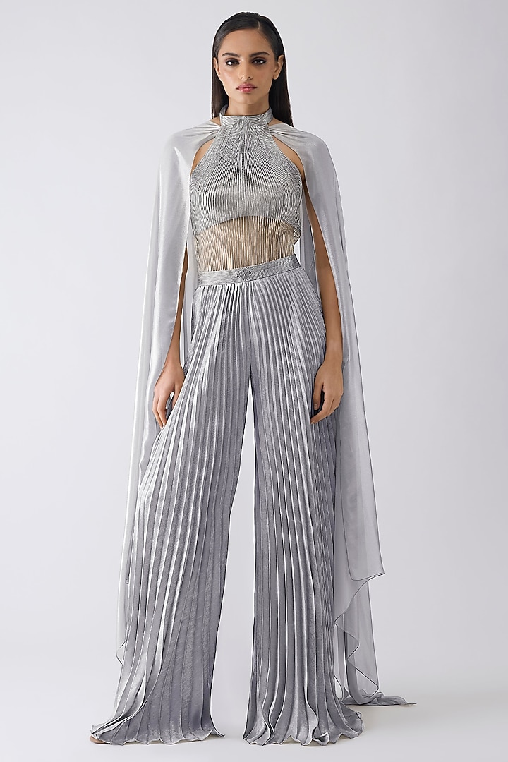 Ice Grey Tulle & Foil Crepe Bodysuit With Pant by Amit Aggarwal at Pernia's Pop Up Shop