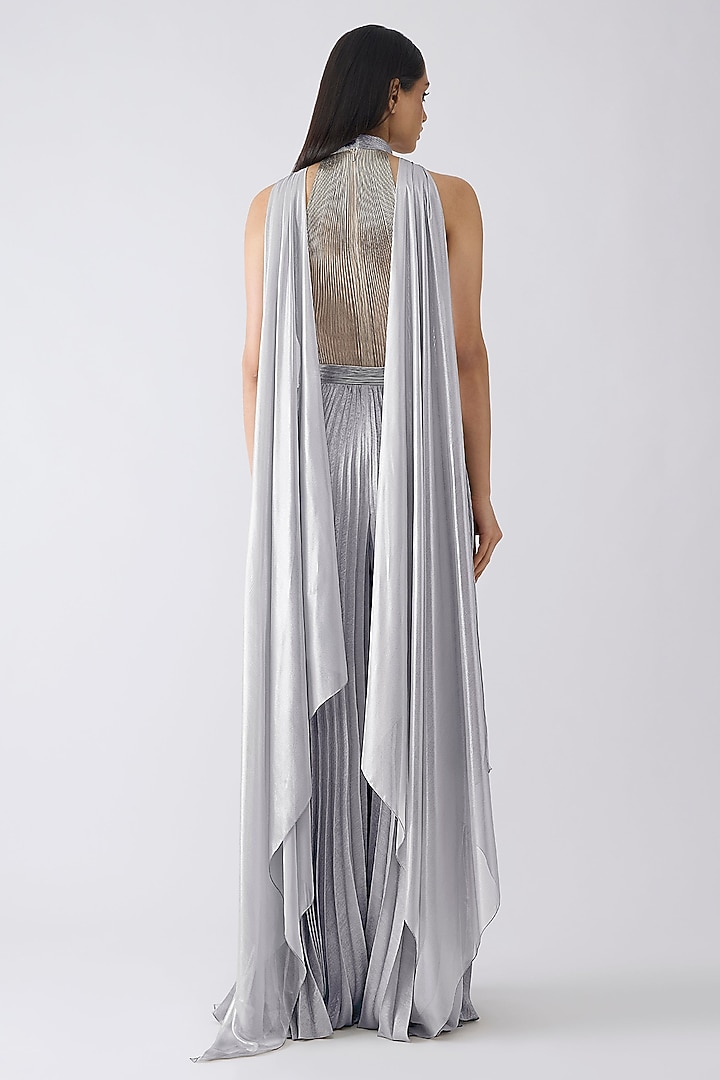 Ice Grey Tulle & Foil Crepe Bodysuit With Pant by Amit Aggarwal at Pernia's Pop Up Shop