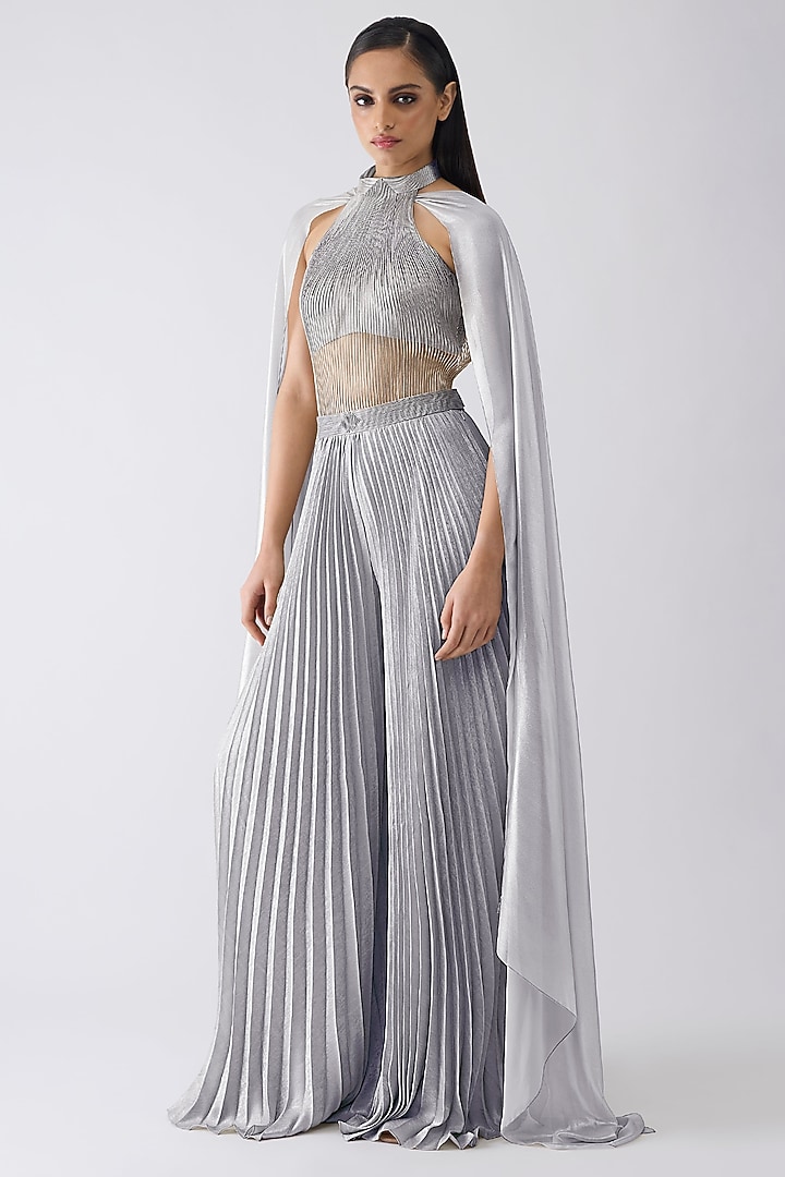 Ice Grey Tulle & Foil Crepe Bodysuit With Pant by Amit Aggarwal at Pernia's Pop Up Shop