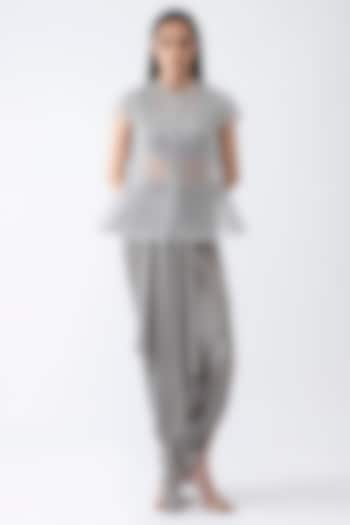 Ice Grey Plisse Metallic Jersey Draped Skirt Set by Amit Aggarwal at Pernia's Pop Up Shop