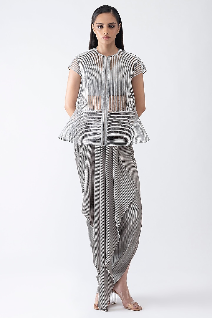 Ice Grey Plisse Metallic Jersey Draped Skirt Set by Amit Aggarwal at Pernia's Pop Up Shop