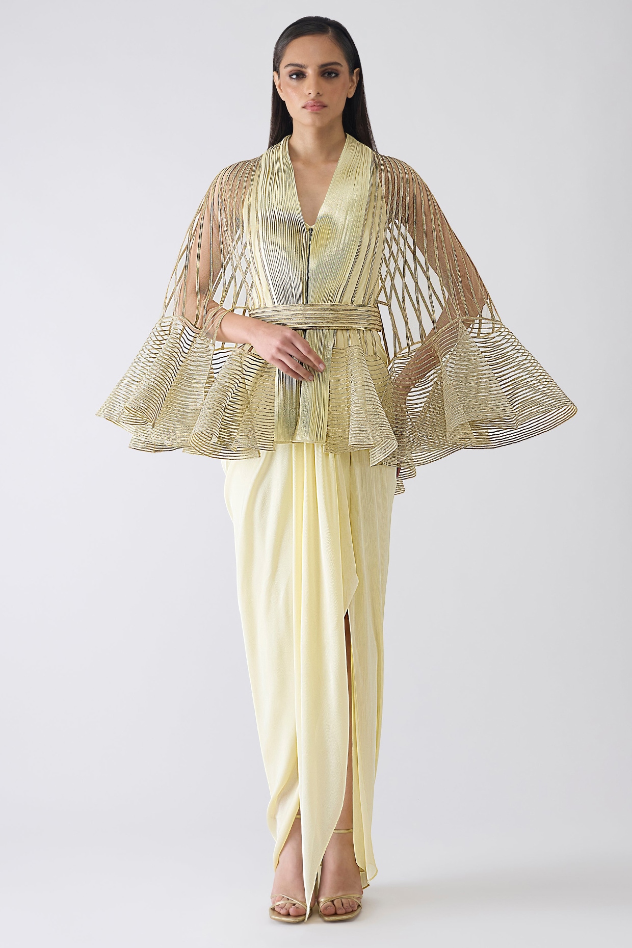 Amit Aggarwal Butter Yellow Chiffon Maxi Dress With Metallic Cape