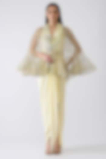 Butter Yellow Chiffon Maxi Party Wear Dress With Metallic Cape by Amit Aggarwal at Pernia's Pop Up Shop