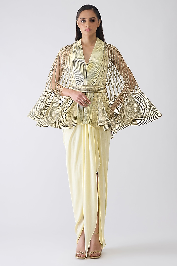 Butter Yellow Chiffon Maxi Party Wear Dress With Metallic Cape by Amit Aggarwal at Pernia's Pop Up Shop