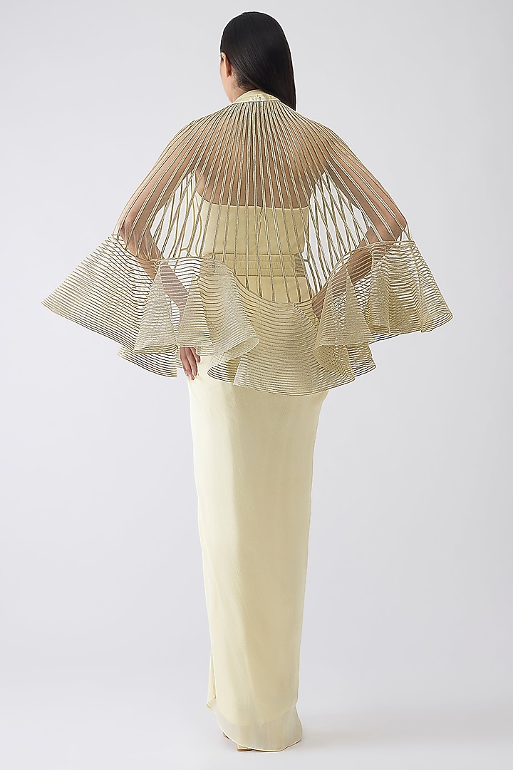 Butter Yellow Chiffon Maxi Party Wear Dress With Metallic Cape by Amit Aggarwal at Pernia's Pop Up Shop