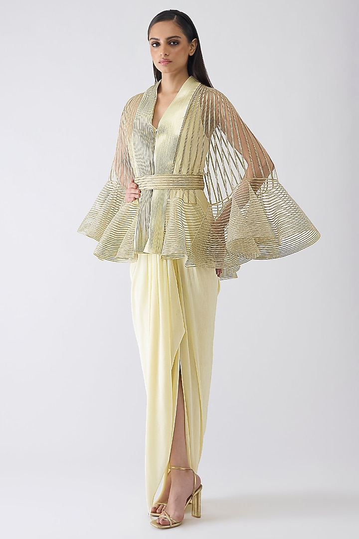 Butter Yellow Chiffon Maxi Party Wear Dress With Metallic Cape by Amit Aggarwal at Pernia's Pop Up Shop
