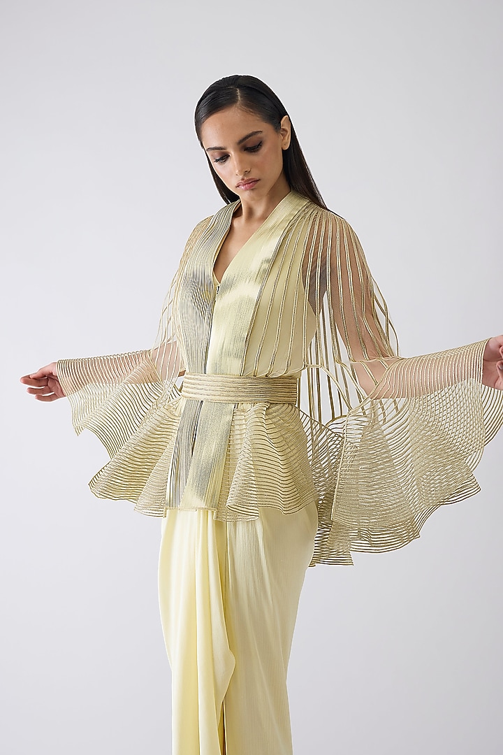 Butter Yellow Chiffon Maxi Party Wear Dress With Metallic Cape by Amit Aggarwal at Pernia's Pop Up Shop