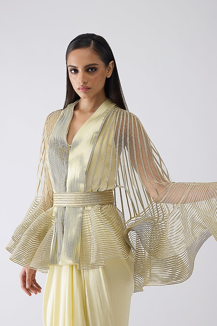 Butter Yellow Chiffon Maxi Party Wear Dress With Metallic Cape by Amit Aggarwal at Pernia's Pop Up Shop