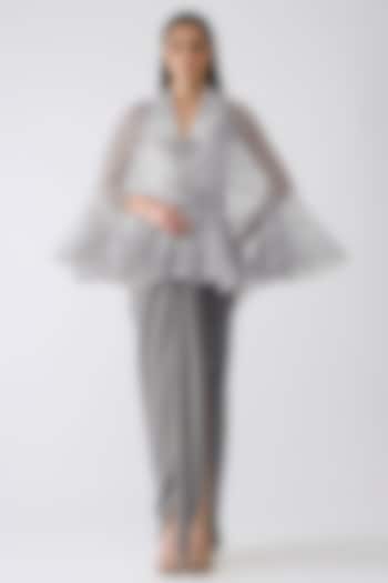 Ice Grey Chiffon Draped Party Wear Dress With Cape by Amit Aggarwal at Pernia's Pop Up Shop