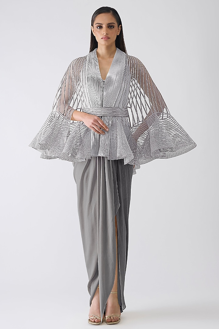 Ice Grey Chiffon Draped Party Wear Dress With Cape by Amit Aggarwal at Pernia's Pop Up Shop