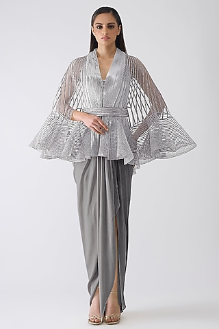 Ice Grey Chiffon Draped Dress With Cape by Amit Aggarwal
