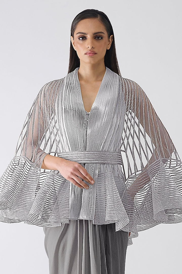 Ice Grey Chiffon Draped Party Wear Dress With Cape by Amit Aggarwal at Pernia's Pop Up Shop