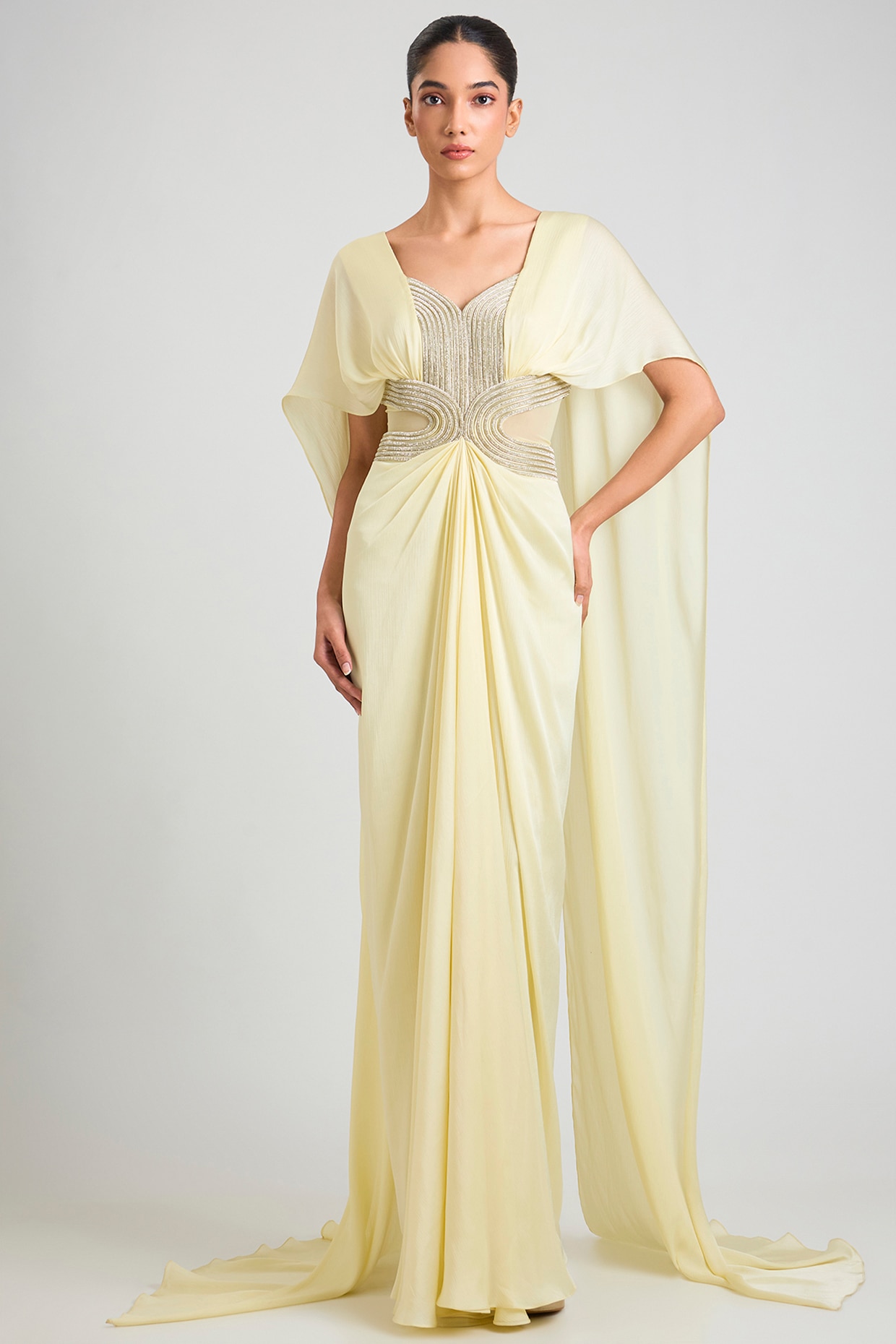 Amit Aggarwal Butter Yellow Satin Chiffon Gown