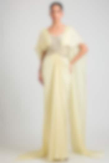 Butter Yellow Satin Chiffon Wedding Gown by Amit Aggarwal at Pernia's Pop Up Shop