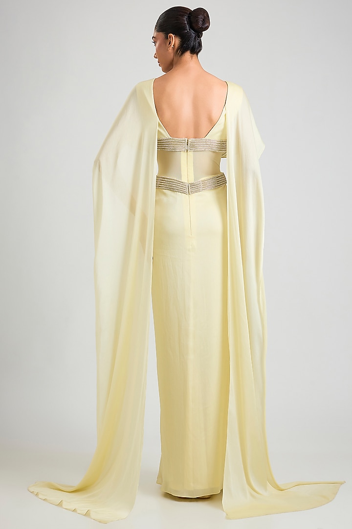 Butter Yellow Satin Chiffon Wedding Gown by Amit Aggarwal at Pernia's Pop Up Shop
