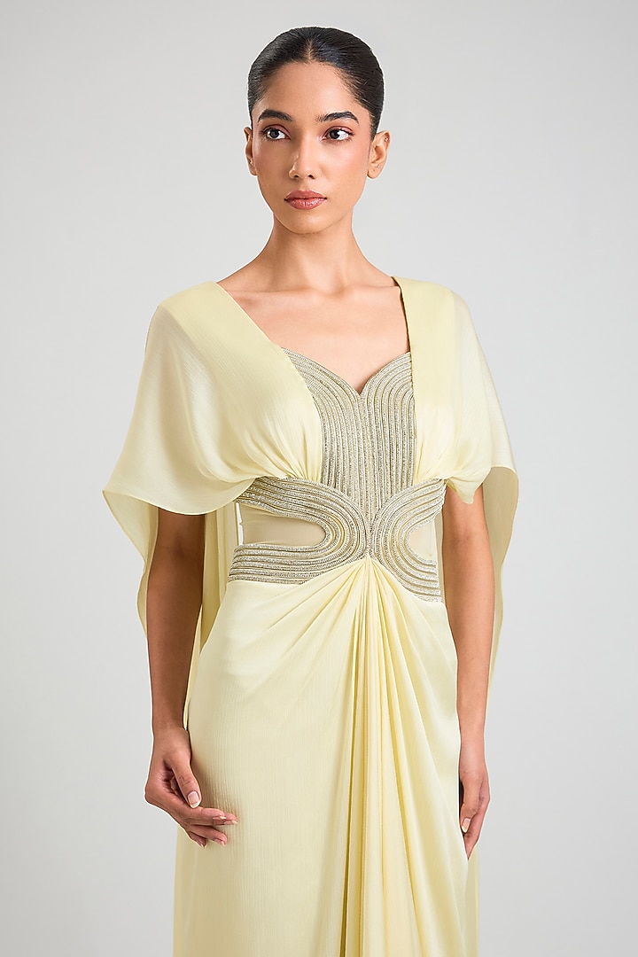 Butter Yellow Satin Chiffon Wedding Gown by Amit Aggarwal at Pernia's Pop Up Shop