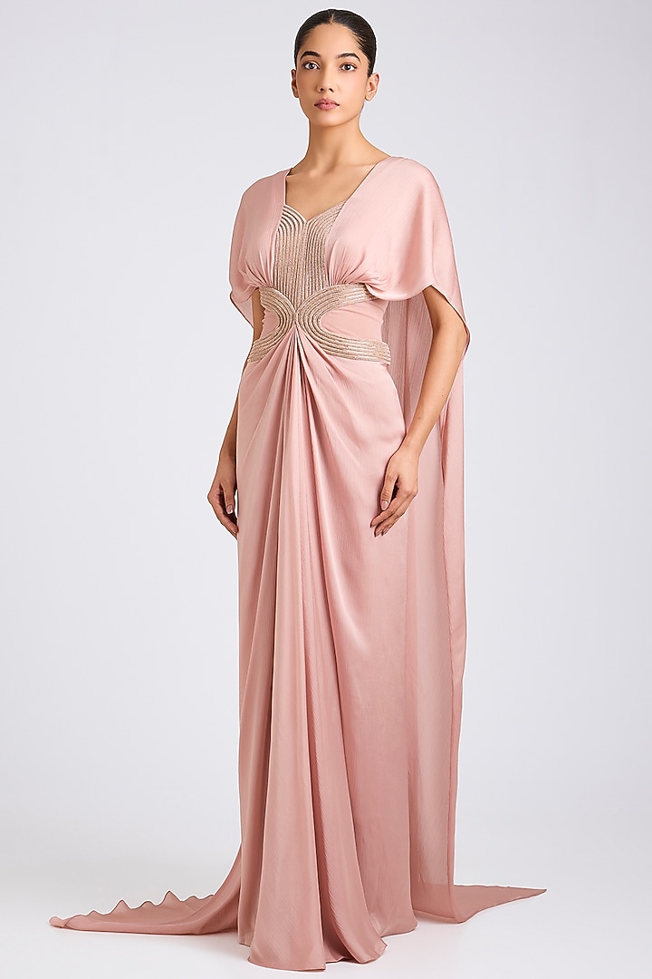 Blush Pink Satin Chiffon Wedding Gown by Amit Aggarwal at Pernia's Pop Up Shop