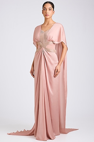 Blush Pink Satin Chiffon Gown by Amit Aggarwal
