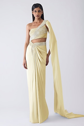 Butter Yellow Chiffon Draped Skirt Set by Amit Aggarwal