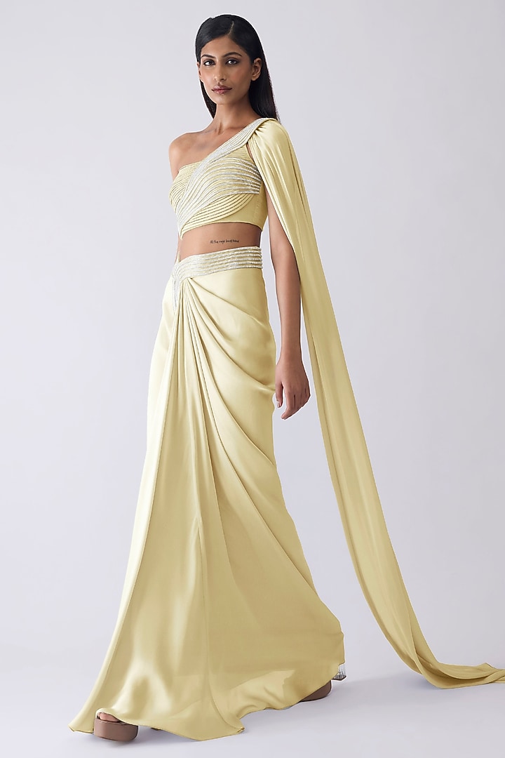Butter Yellow Chiffon Draped Skirt Set by Amit Aggarwal at Pernia's Pop Up Shop