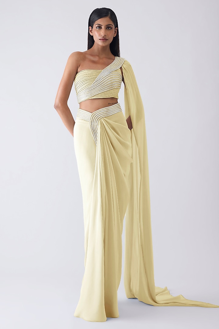 Butter Yellow Chiffon Draped Skirt Set by Amit Aggarwal at Pernia's Pop Up Shop