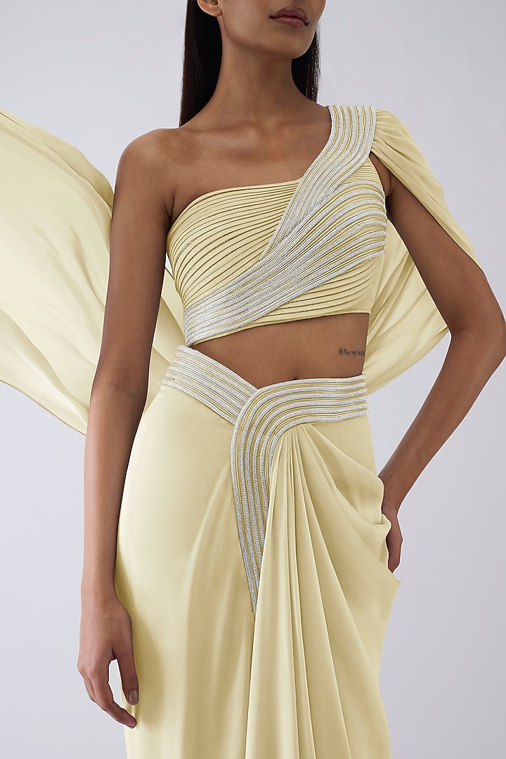 Butter Yellow Chiffon Draped Skirt Set by Amit Aggarwal at Pernia's Pop Up Shop