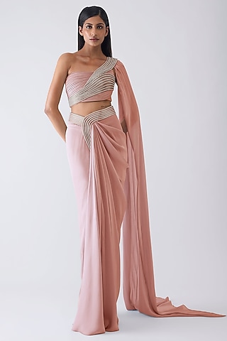 Rose Pink Chiffon Draped Skirt Set by Amit Aggarwal