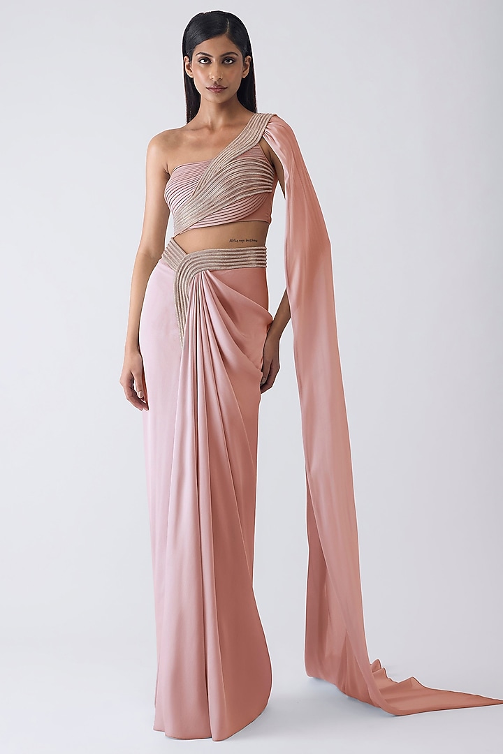 Rose Pink Chiffon Draped Skirt Set by Amit Aggarwal at Pernia's Pop Up Shop