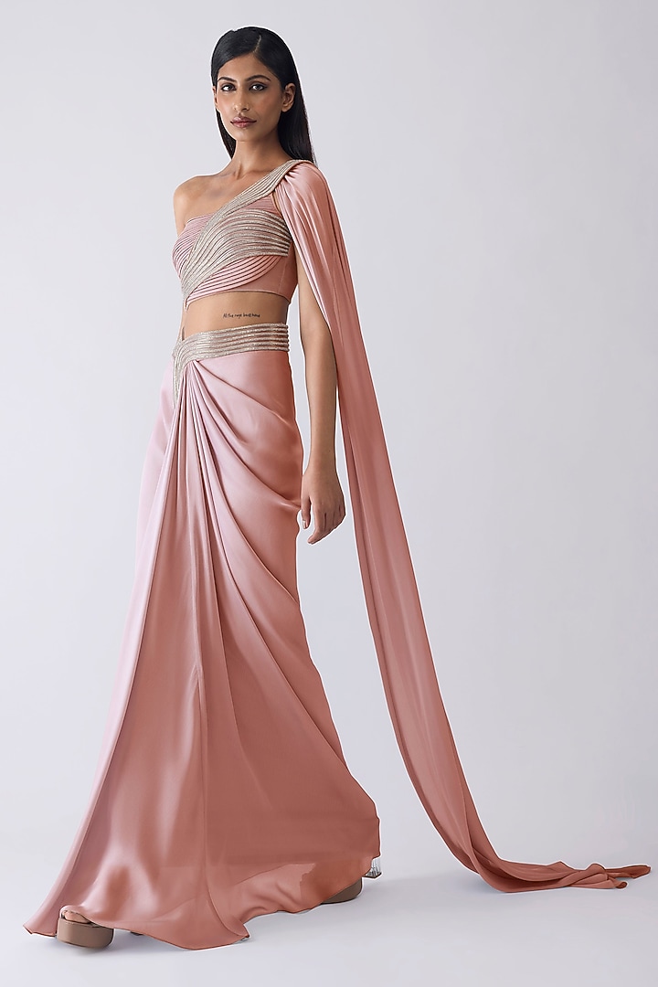 Rose Pink Chiffon Draped Skirt Set by Amit Aggarwal at Pernia's Pop Up Shop